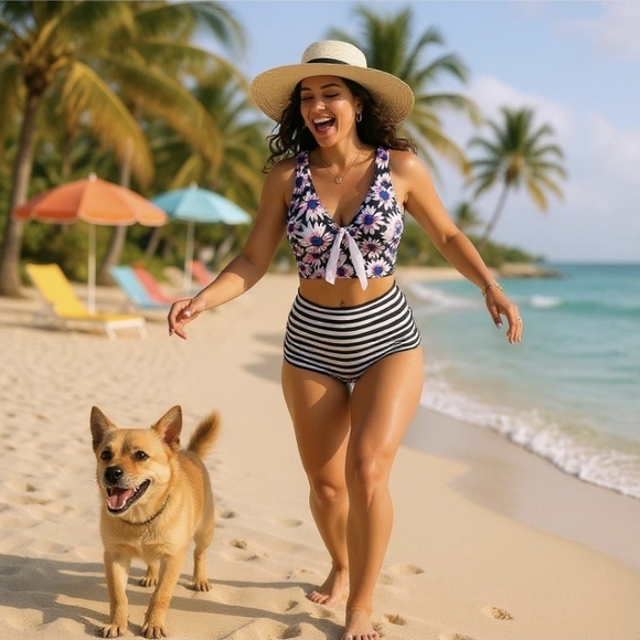 Criss Cross Bikini Set ✦ Floral Tankini Top + Striped High Waist Bottoms ✦ S NWT - Picture 1 of 12